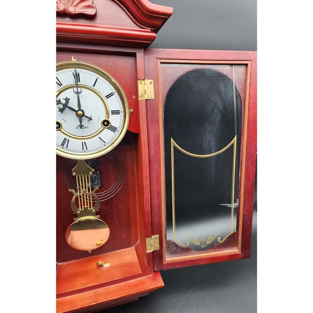 Vintage 31‑Day Regulator Clock Wood Case Glass Door w/ Key – For Decor/Parts